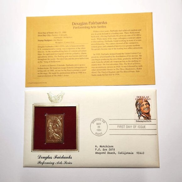 Douglas Fairbanks Actor Performing Arts 1984 1st Day USPS 22KT GOLD STAMP Stamp - Picture 10 of 12